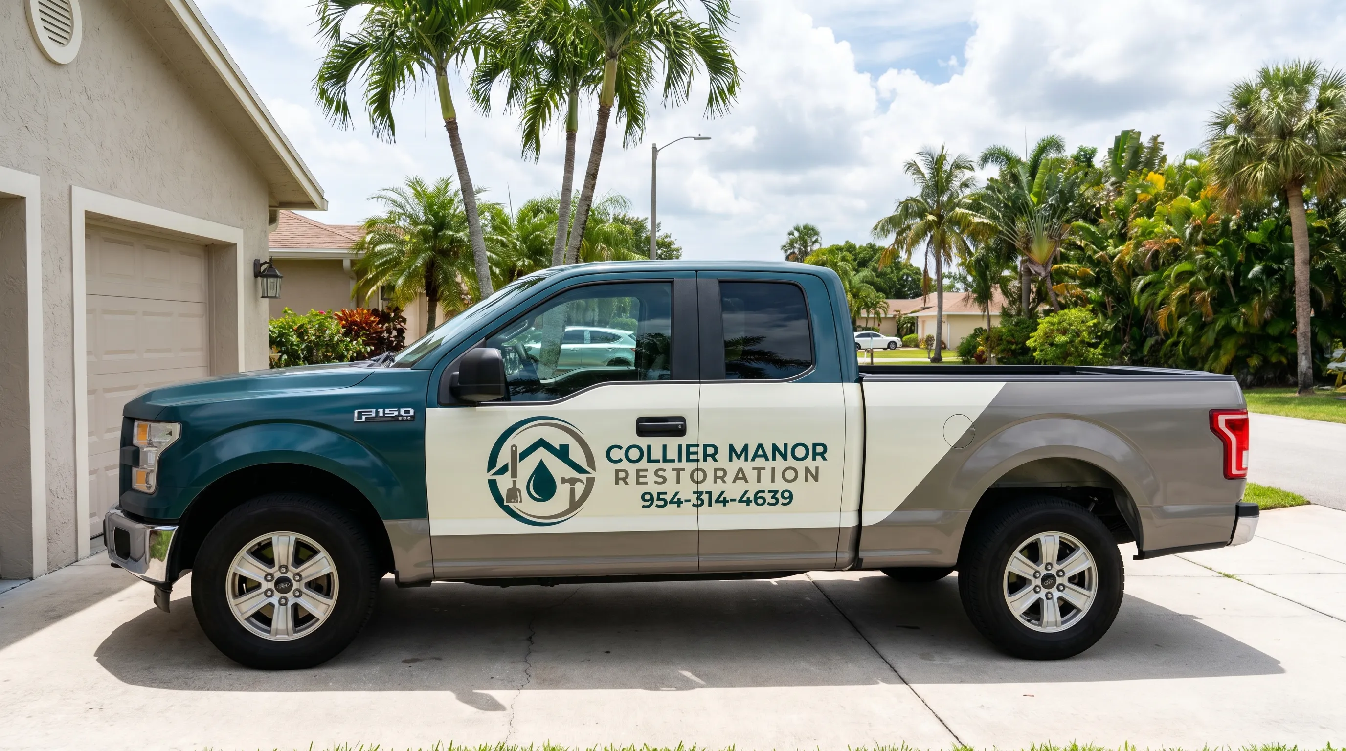 Damage restoration crew working on a water-damaged property in Pompano Beach, FL